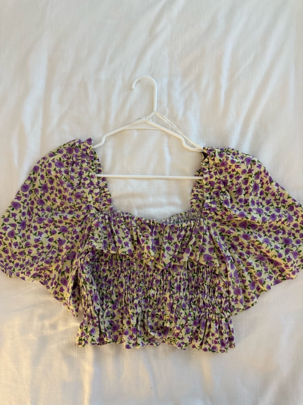 ZARA yellow & purple floral ruffle top